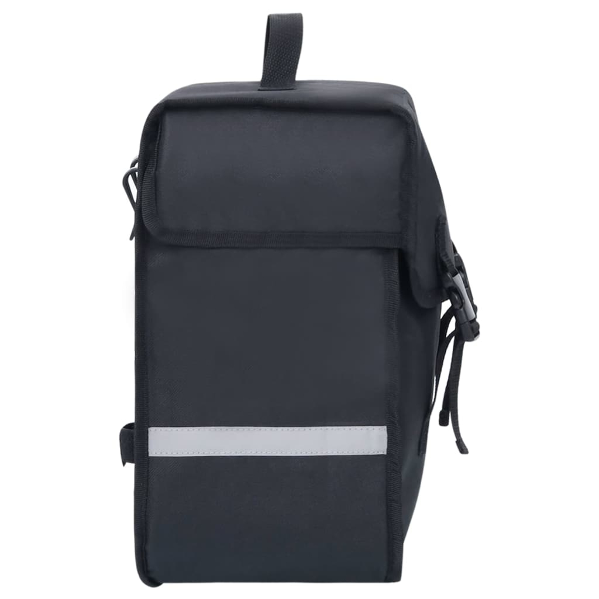 Schwarze Fahrradtasche mit Reflektorstreifen und Schnallenverschluss.