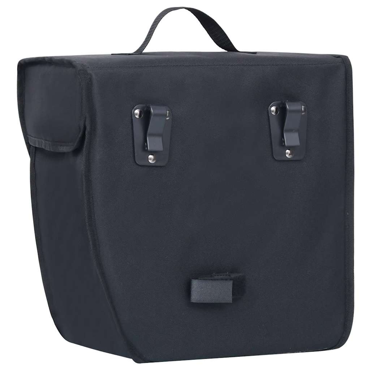Schwarze Fahrradtasche mit Griff und Befestigungshaken vorne.