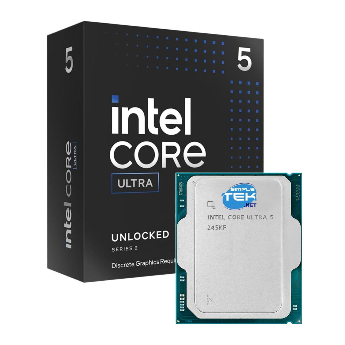 Procesor Intel Core Ultra 5 i jego pudełko na białym tle.