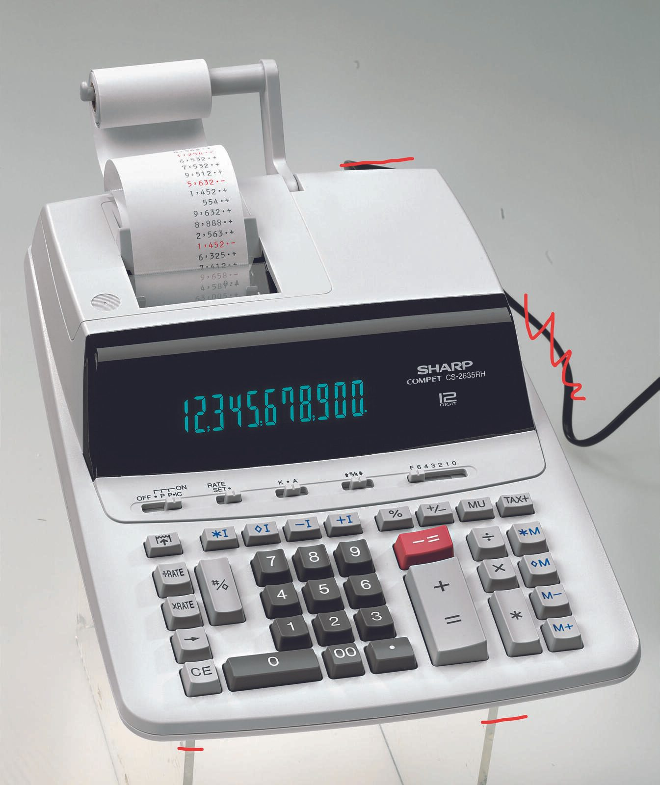 Calcolatrice stampante bianca Sharp Compet CS-2635RH a 12 cifre con ampio display e rotolo di carta.