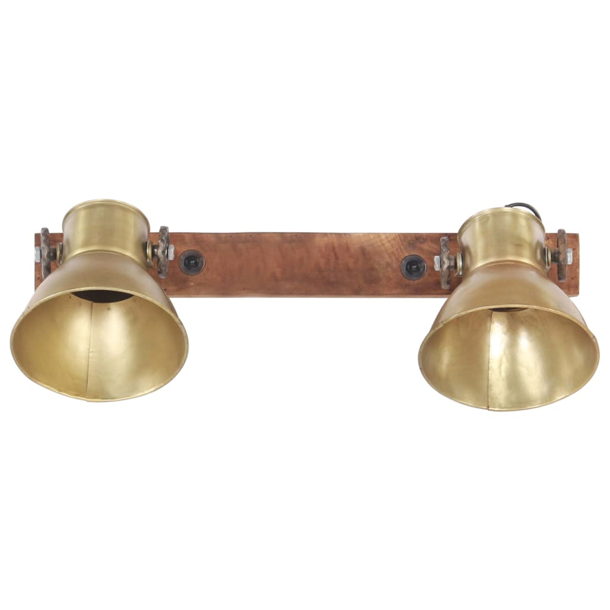 Zwei Messinglampen an einem Holzbrett befestigt, mit Schrauben und Muttern.