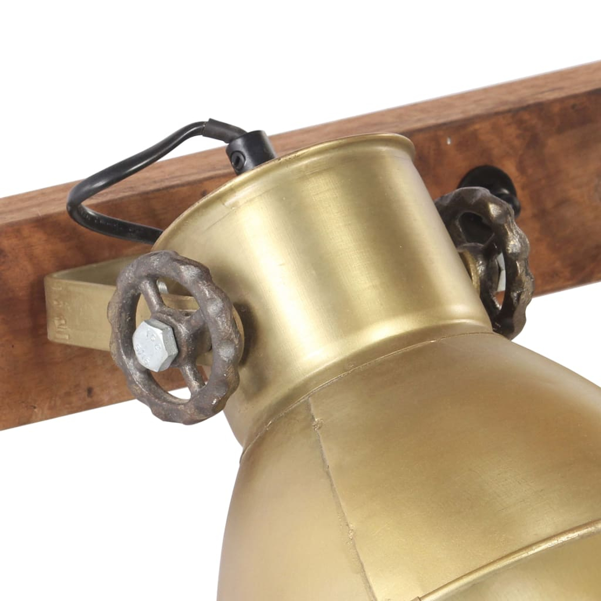 Messing-Lampe mit zwei Drehgriffen an Holzbalken.