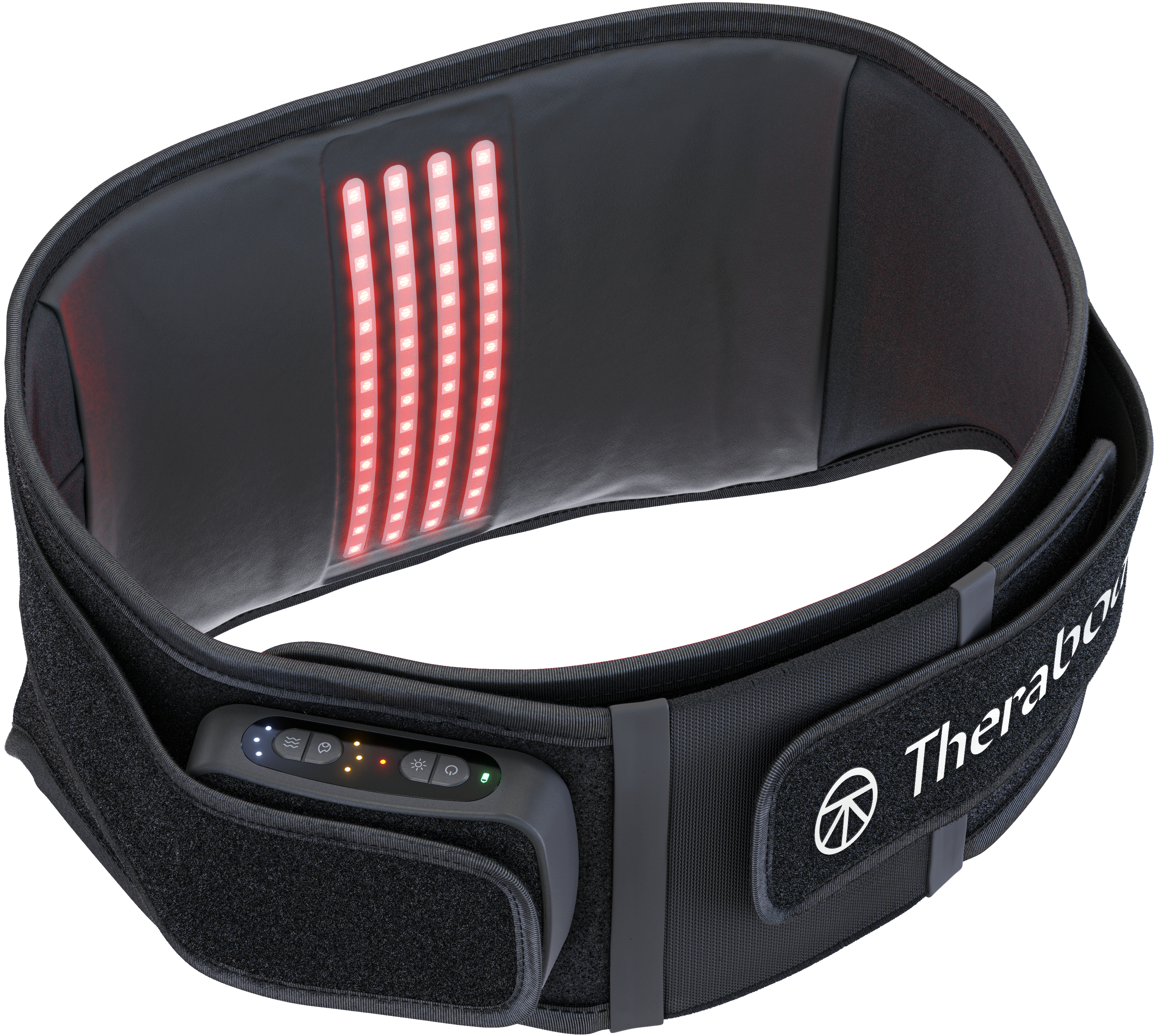 Cinturón negro con LEDs rojos y panel de control