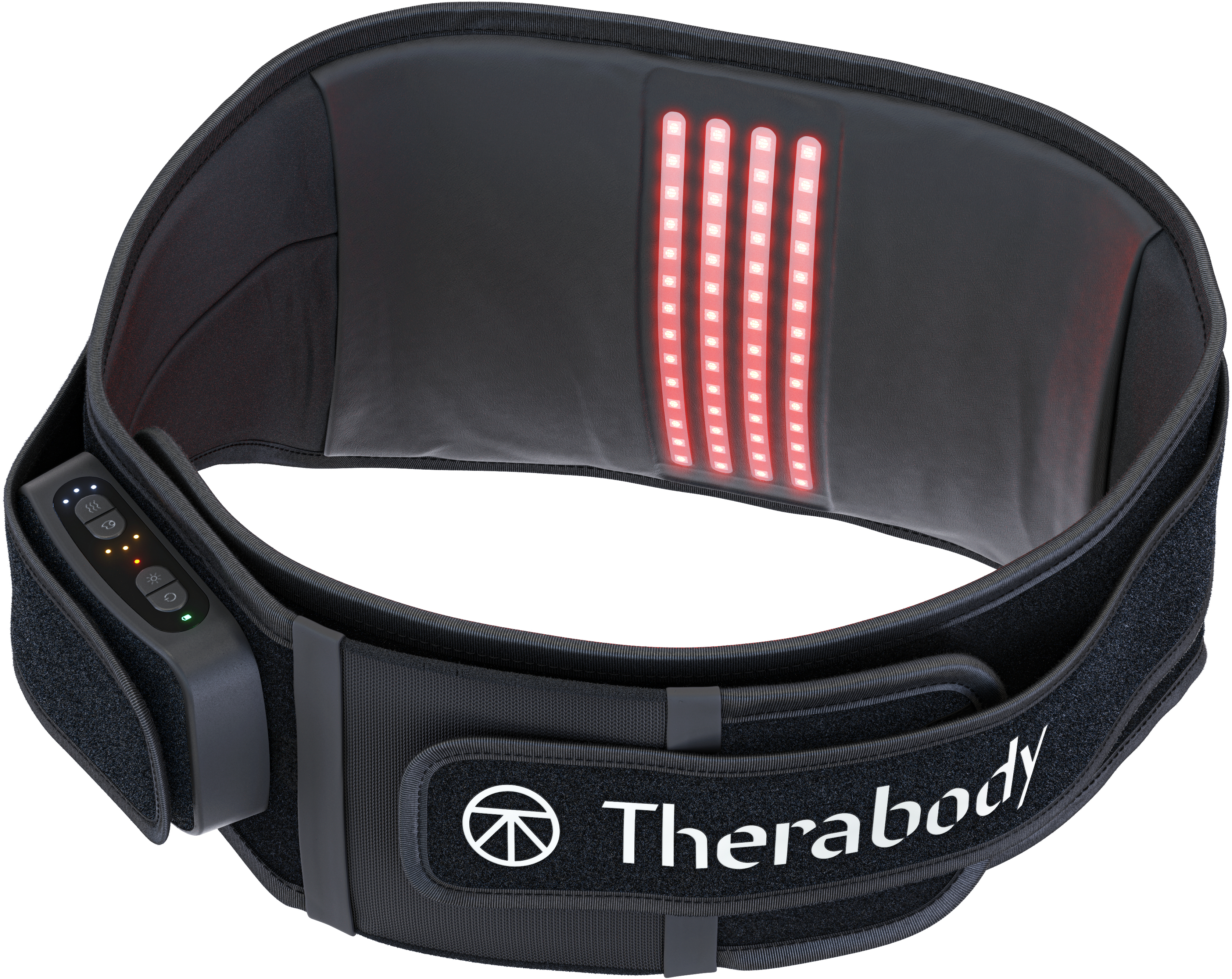 Cinturón de terapia negro con LEDs rojos y panel de control.