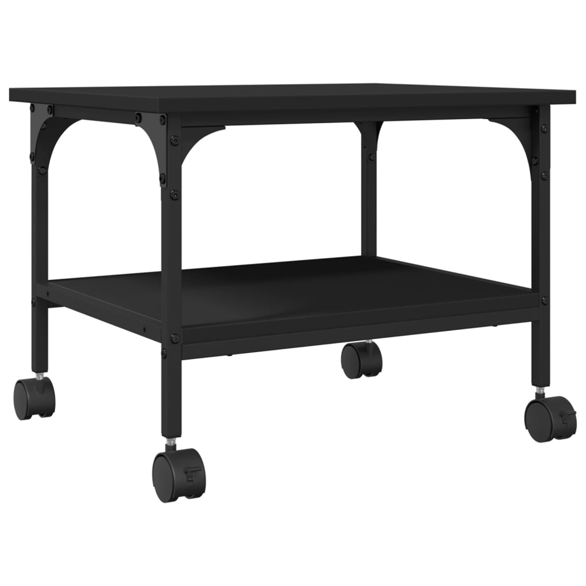 Schwarzer Metalltisch mit zwei Ebenen und Rollen.