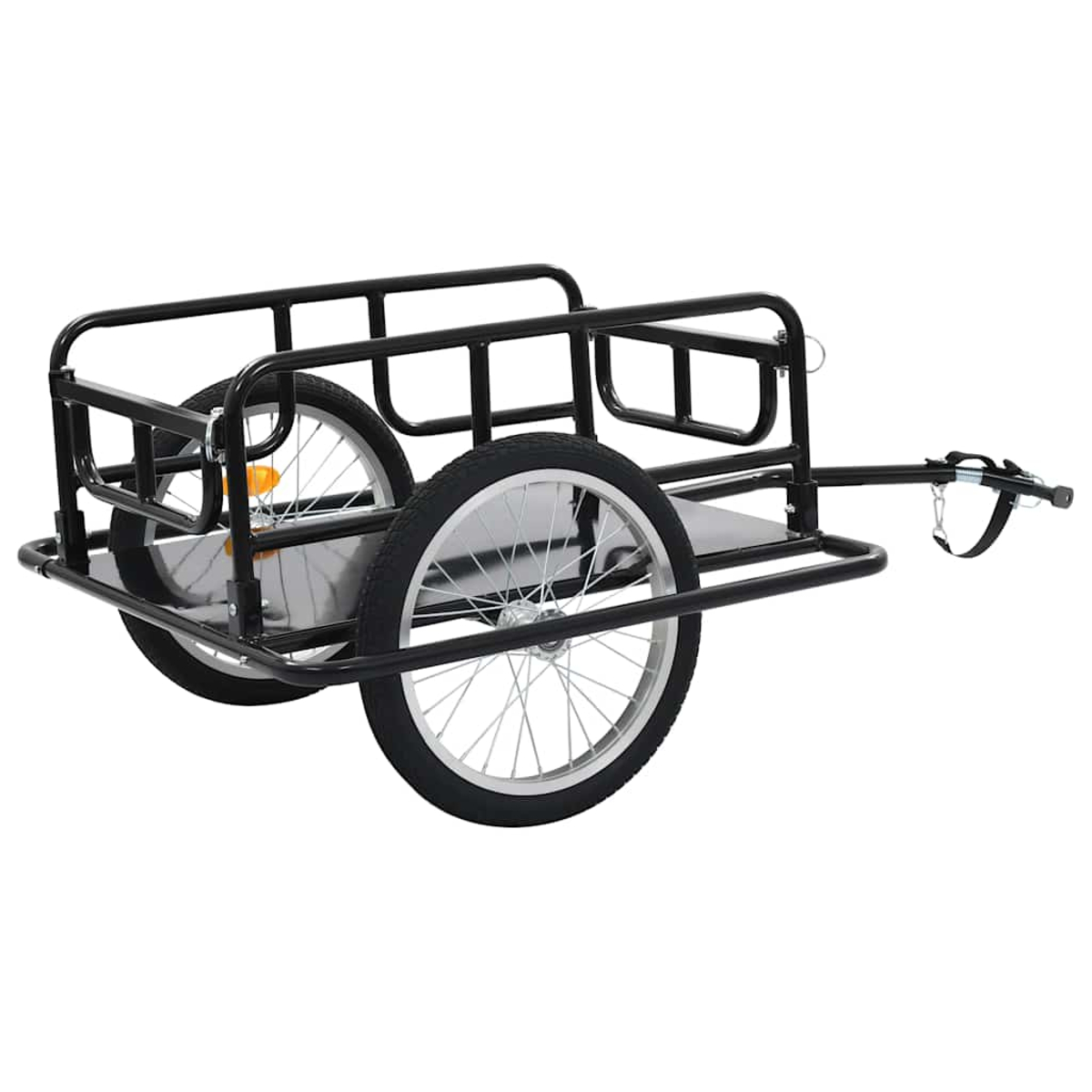 Schwarzer Fahrradanhänger mit zwei Rädern, Metallrahmen und Anhängerkupplung.