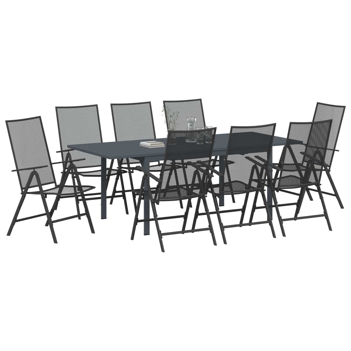 Ein rechteckiger Tisch mit acht dunkelgrauen Stühlen aus Netzmaterial.