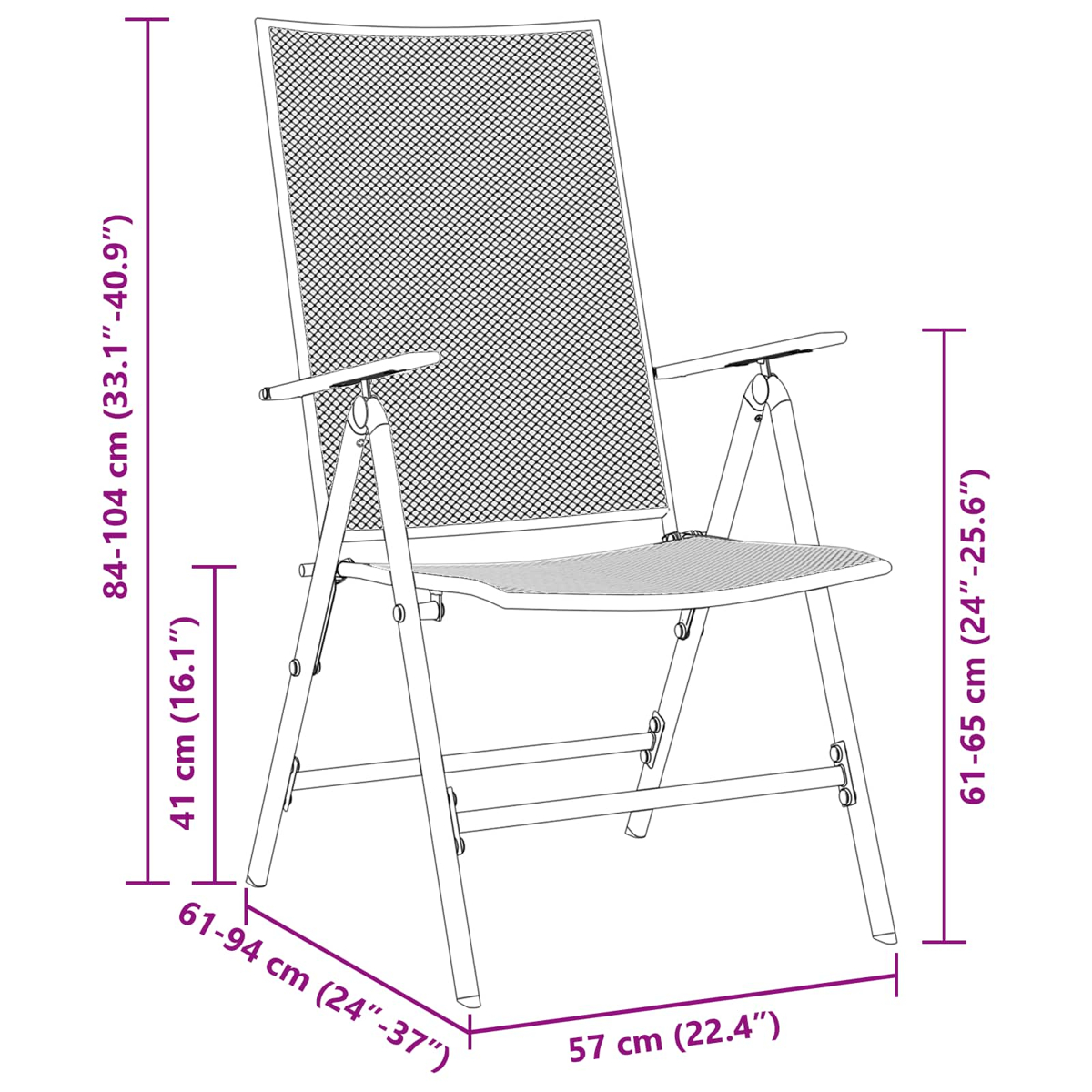 Eine weiße Umrisszeichnung eines Klappstuhls mit Maßen. Höhe 84-104cm, Sitzhöhe 41cm.