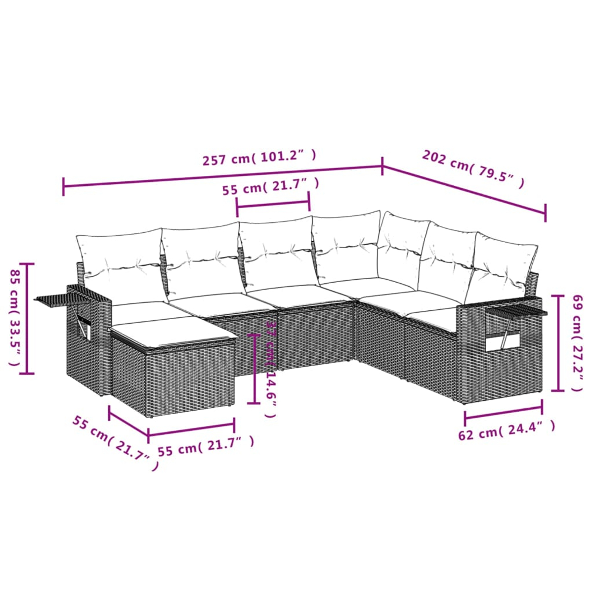 Diagramm eines modularen grauen Rattan-Sofas mit weißen Kissen, Maße werden angezeigt.