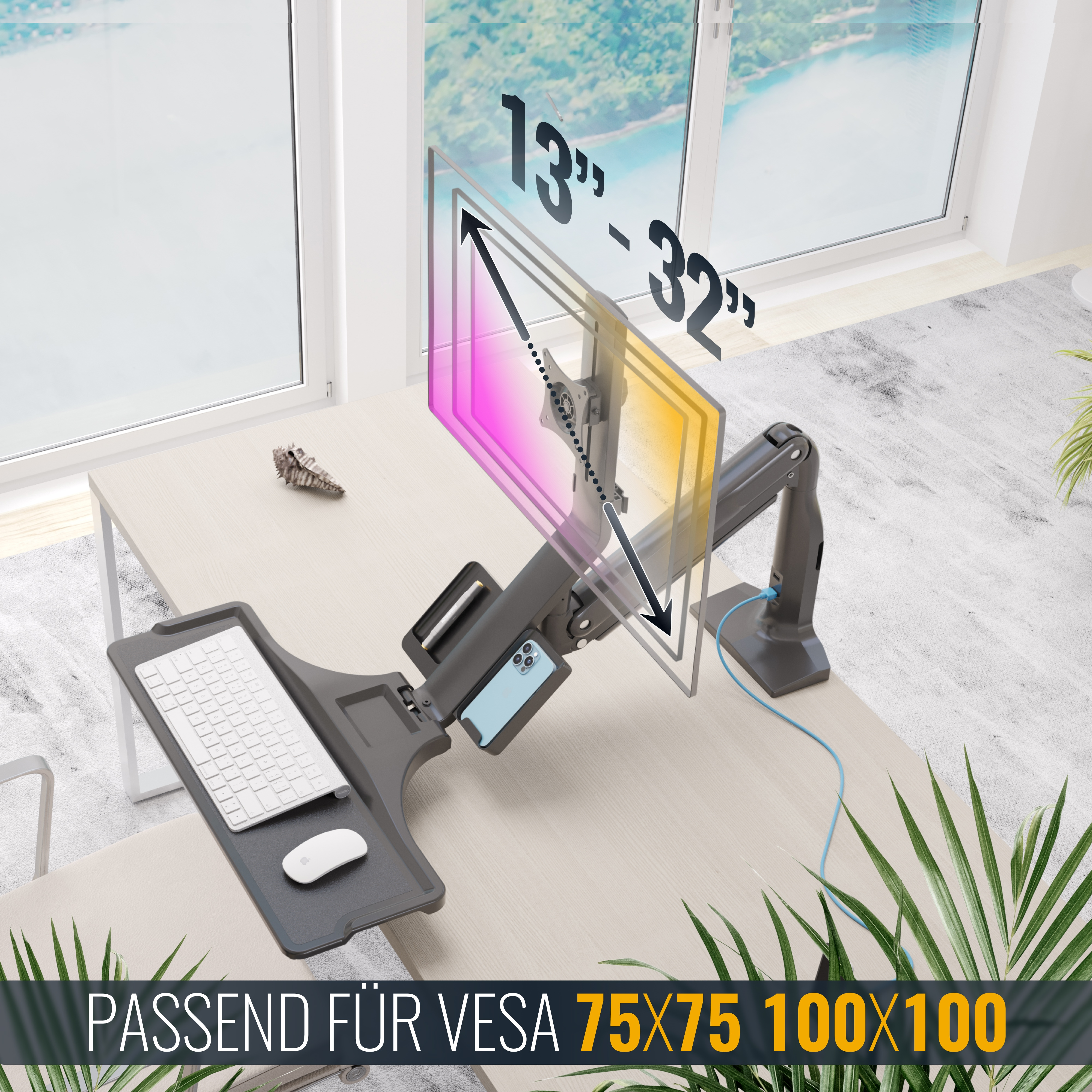 Monitorarm mit Tastaturablage, Handyhalterung, Maus und Kabel.