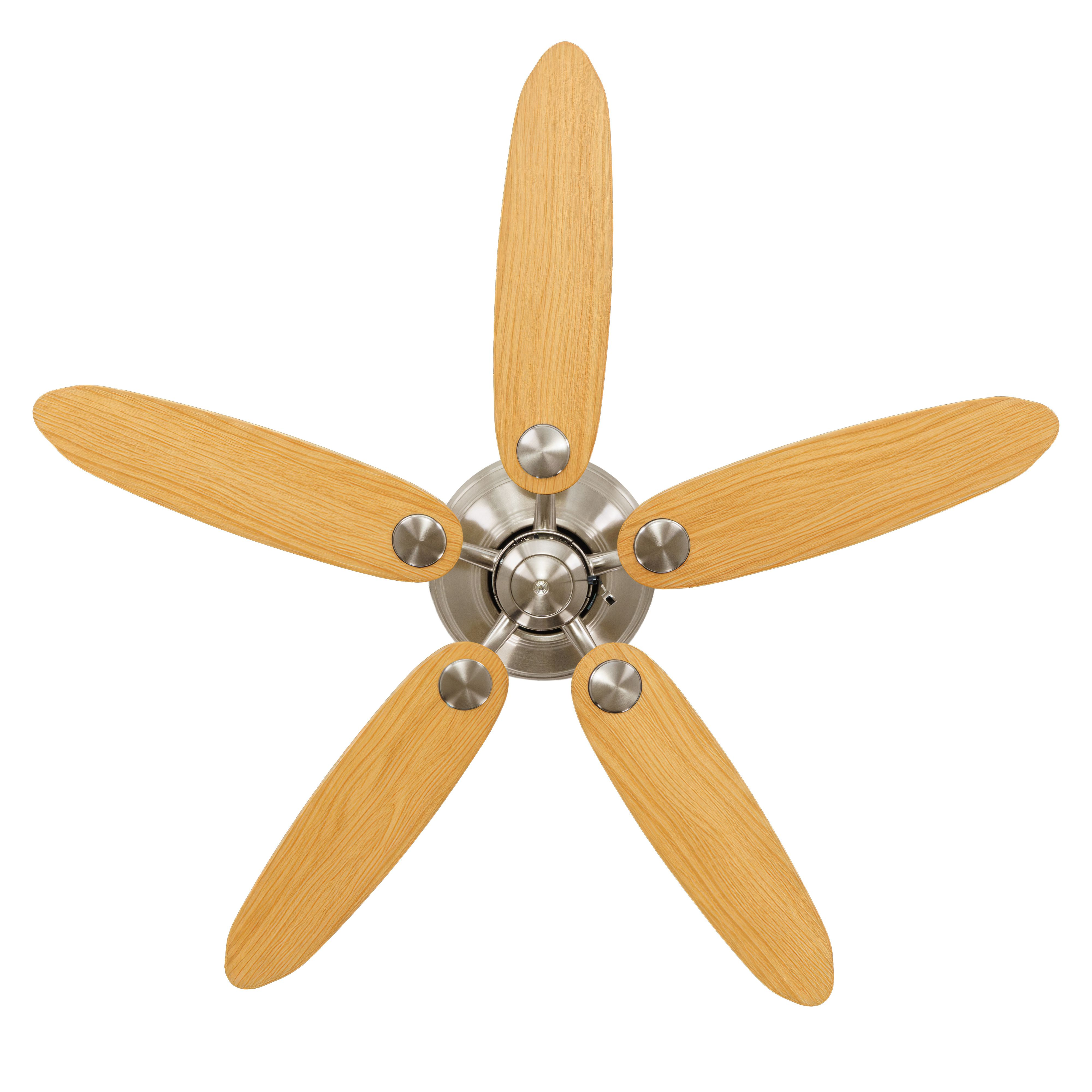 Un ventilatore da soffitto con cinque pale in laminato di legno chiaro e centro argentato.