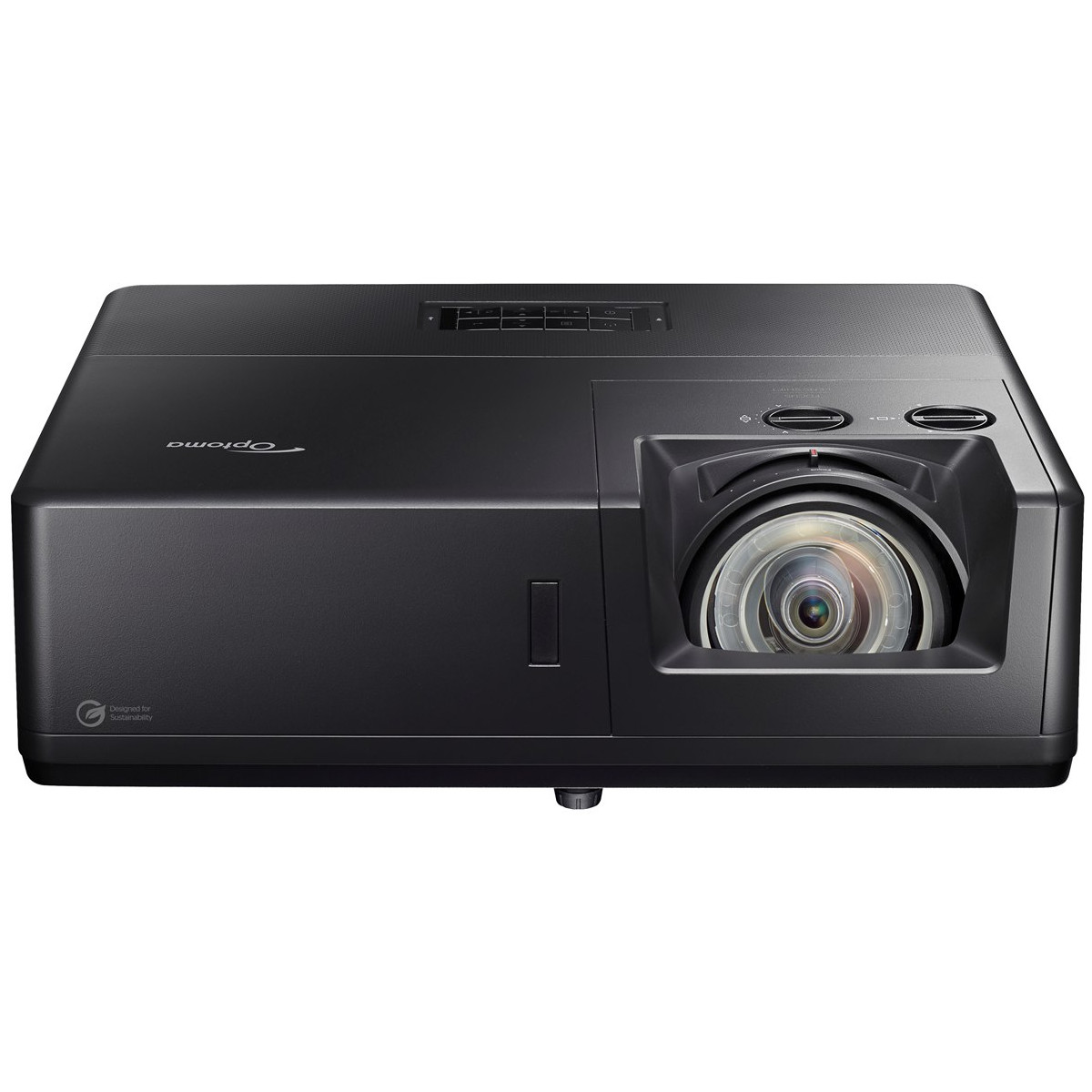Un proyector Optoma negro con lente y botones de control arriba.