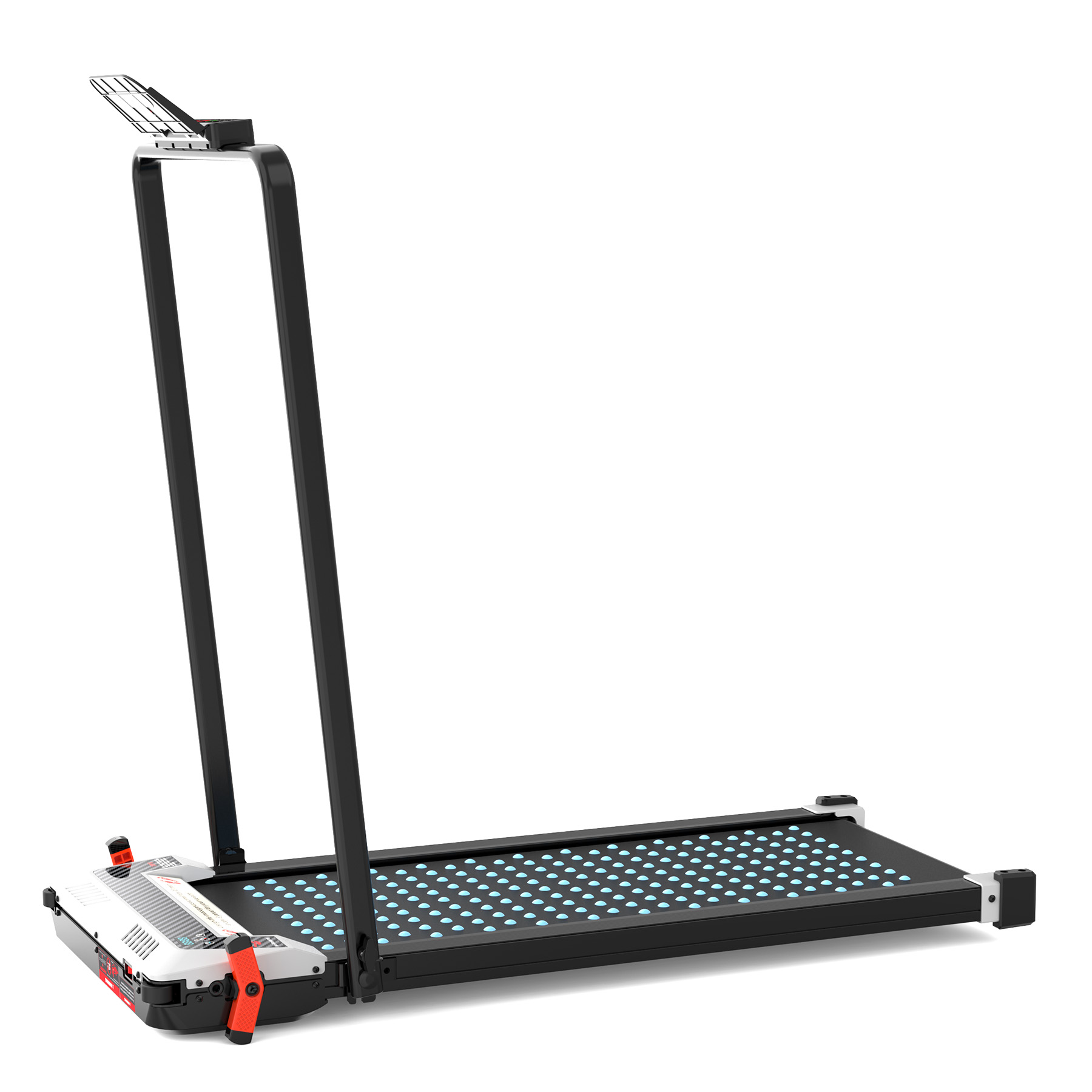 A black treadmill with blue lights and a control console.