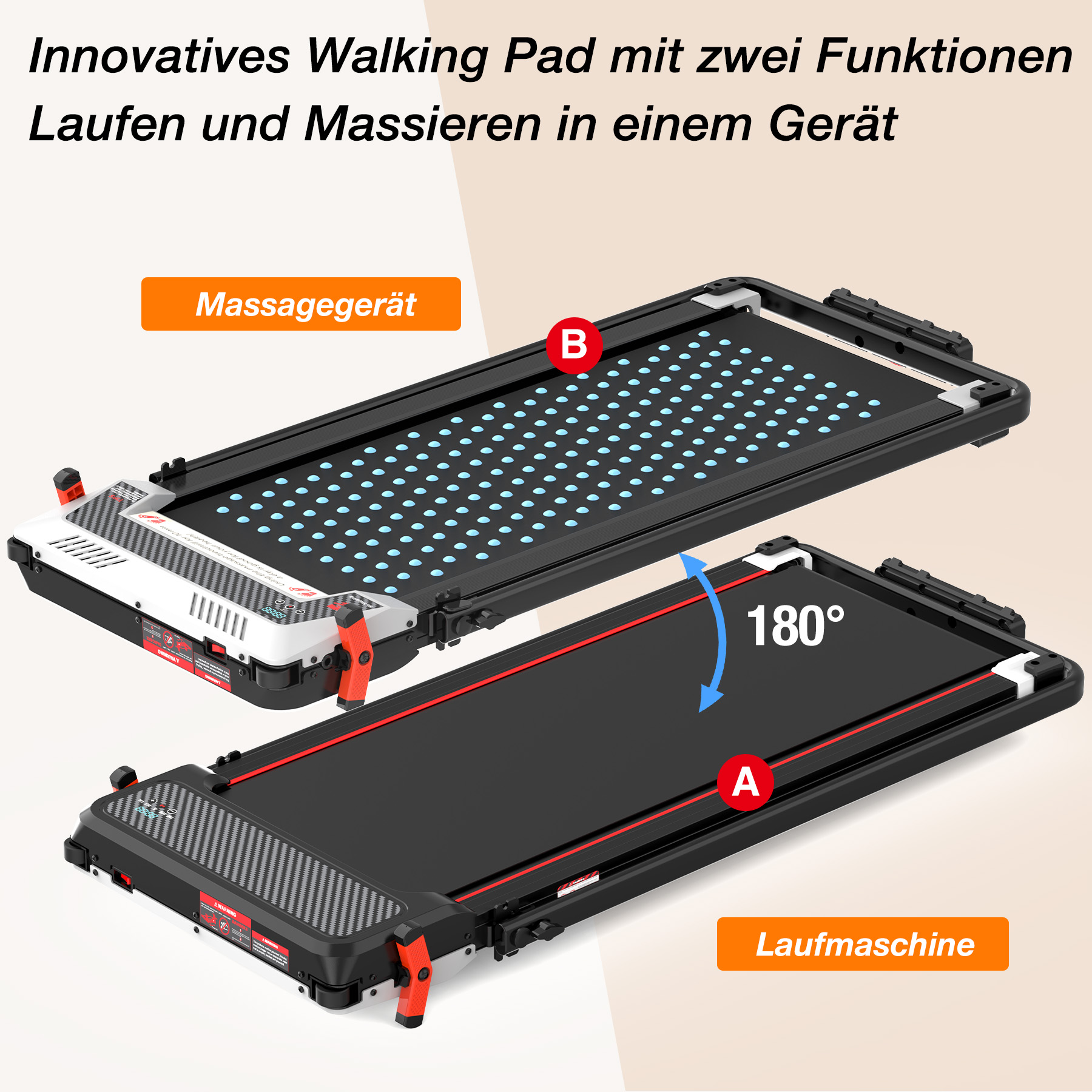Innovatives Walking Pad mit Massage- und Laufmodus. Oben Massagegerät, unten Laufmaschine.