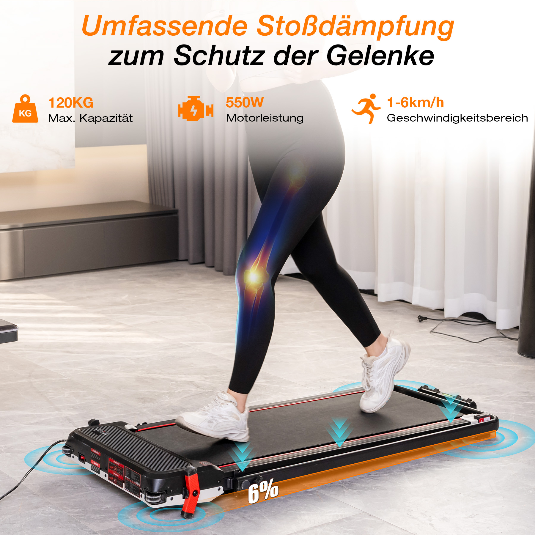 Frau auf Laufband mit Fokus auf Gelenkschutz, 120kg Kapazität, 550W Motor, 1-6km/h.