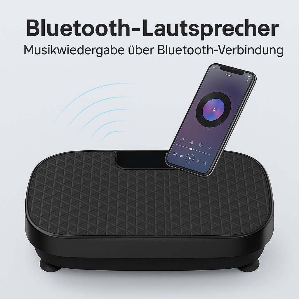 Schwarzer Bluetooth-Lautsprecher mit Handy, das Musik abspielt.