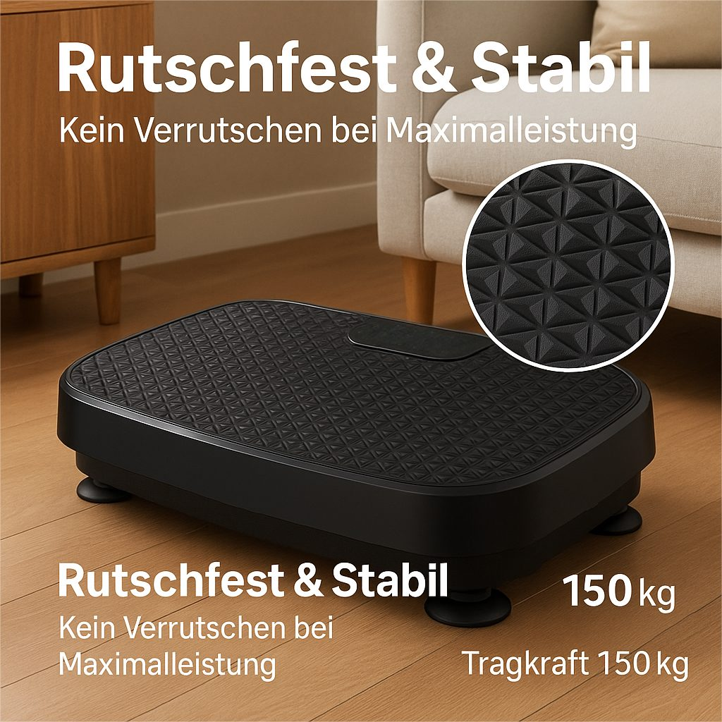 Schwarze Vibrationsplatte mit Gittermuster für Stabilität, 150 kg Tragkraft.