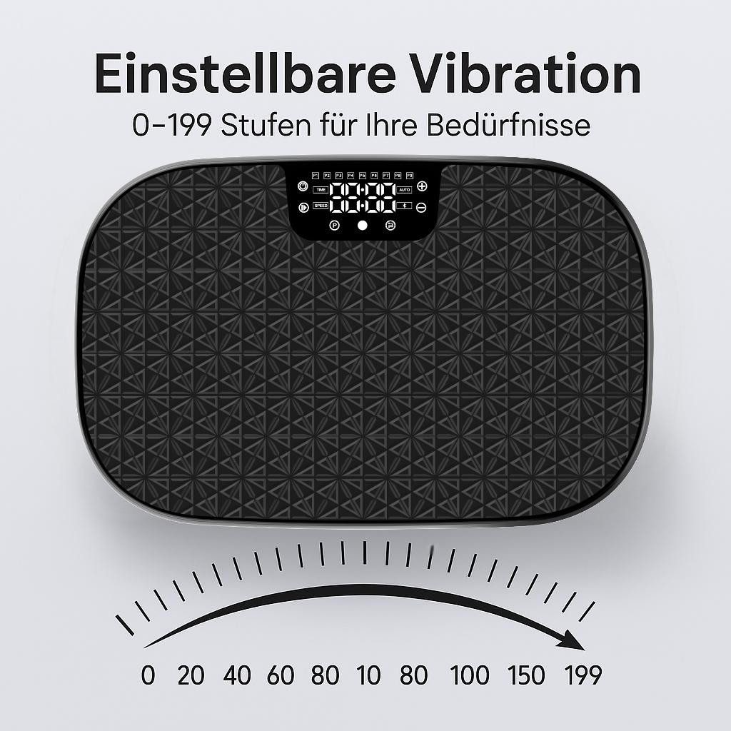 Eine schwarze Vibrationsplatte mit Display und Skala von 0-199.