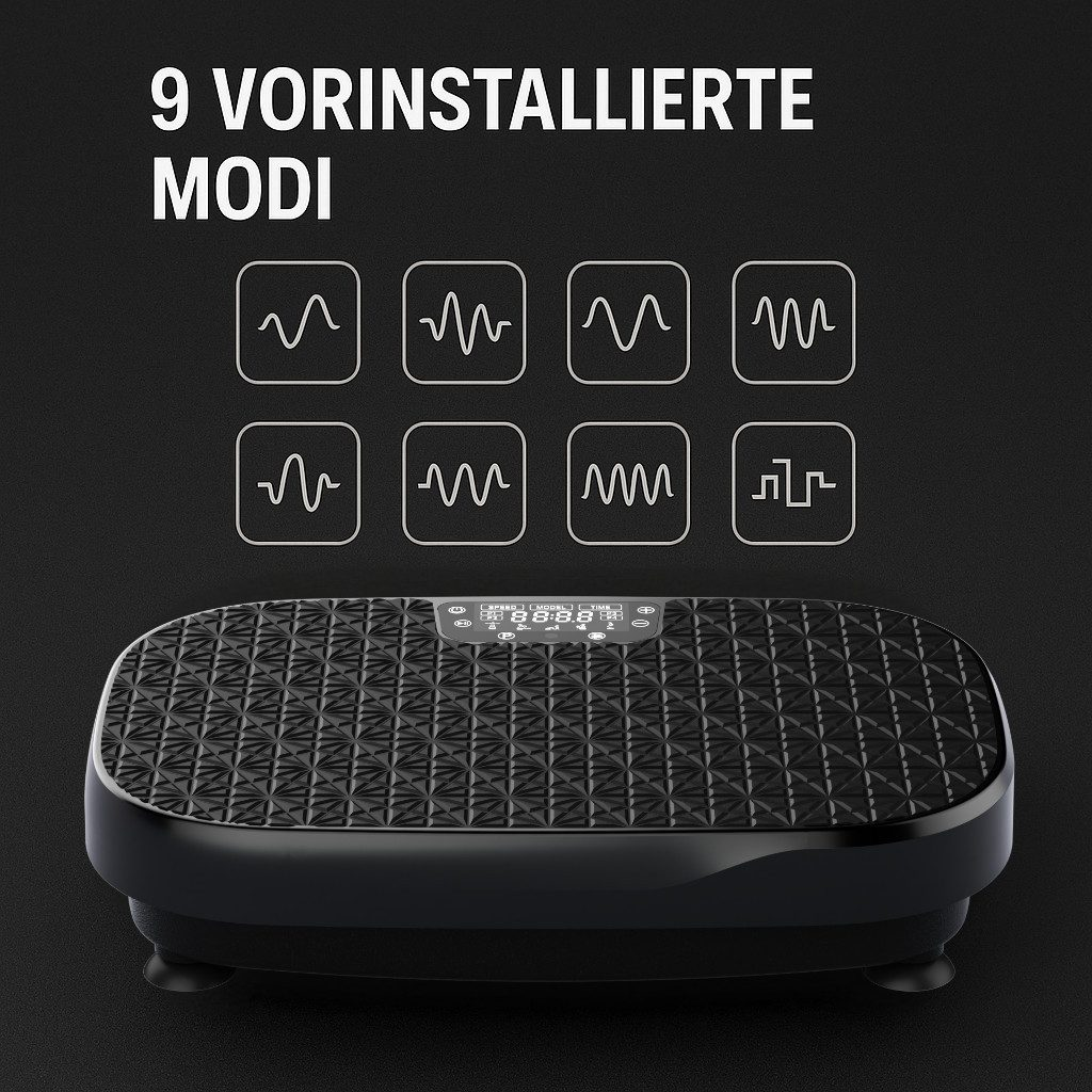 Schwarzes Vibrationsmassagegerät mit 9 vorinstallierten Modi, die durch Wellensymbole dargestellt werden.