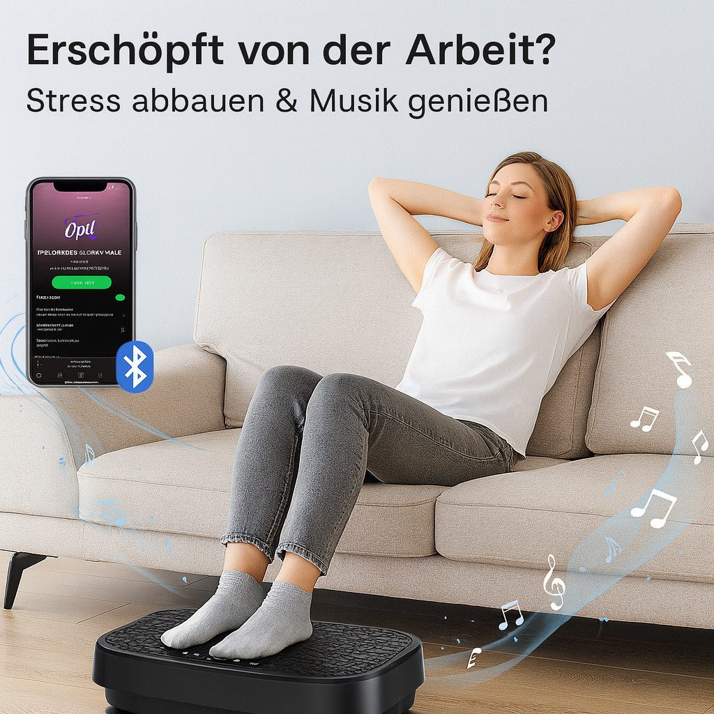 Frau entspannt auf Sofa mit Füßen auf Vibrationsplatte, Handy daneben.