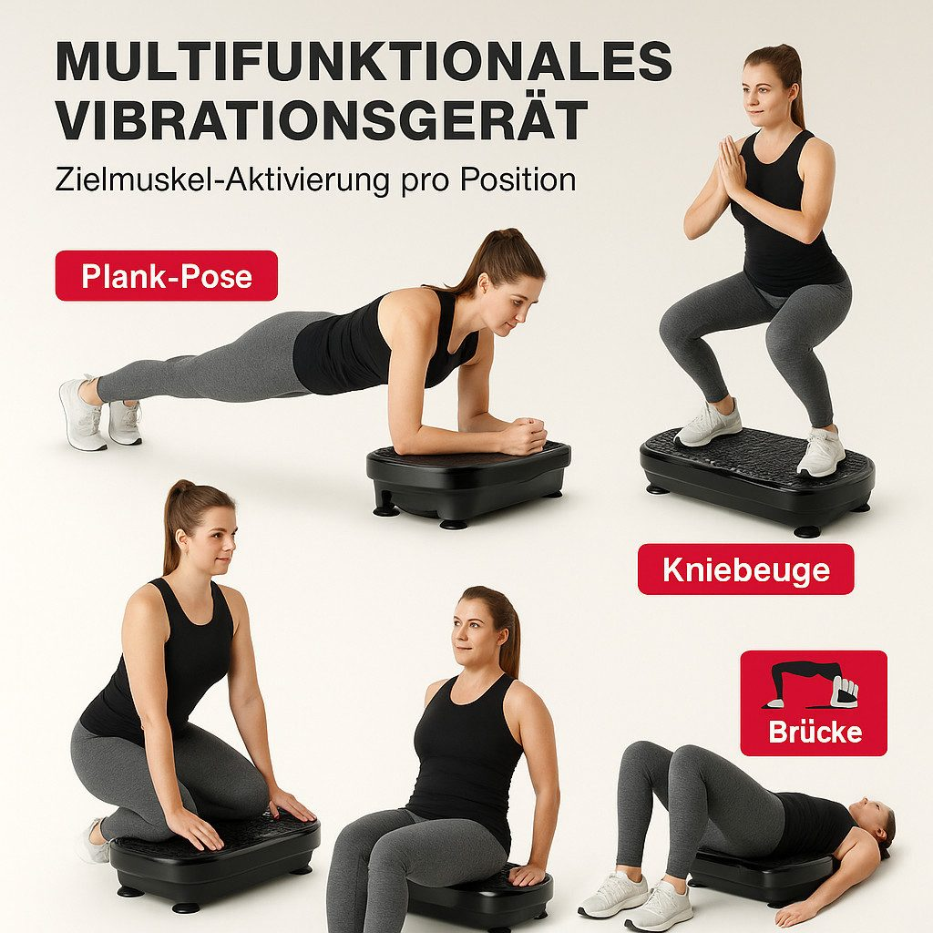 Frauen machen Plank, Kniebeuge, Sit-up und Brücke auf Vibrationsgeräten.