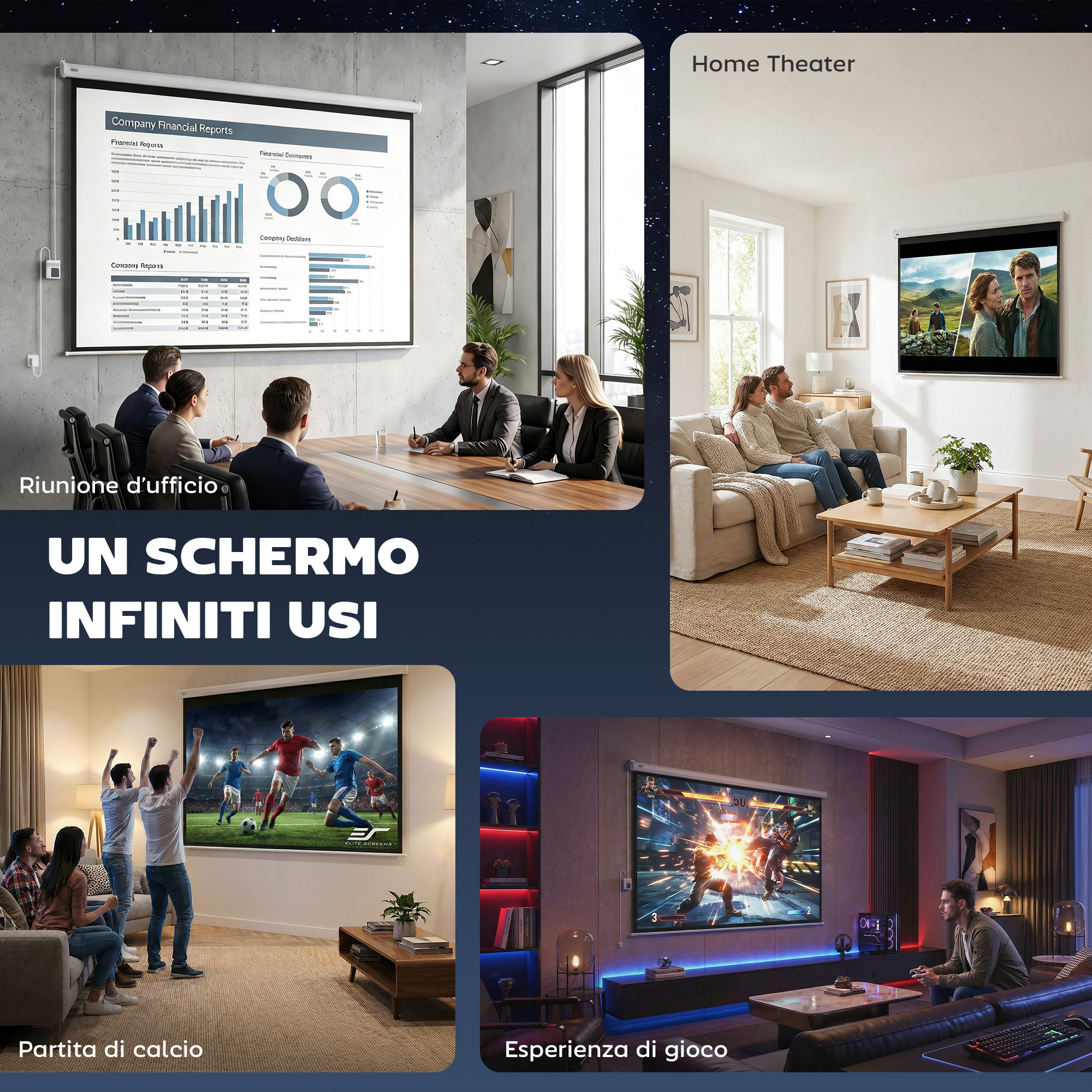 Quattro scene: riunione d'ufficio, home theater, partita di calcio e postazione gioco.