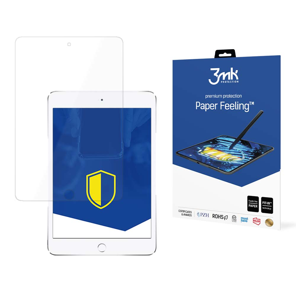 Una protezione per lo schermo del tablet e la sua confezione, con uno stilo che disegna su uno schermo.