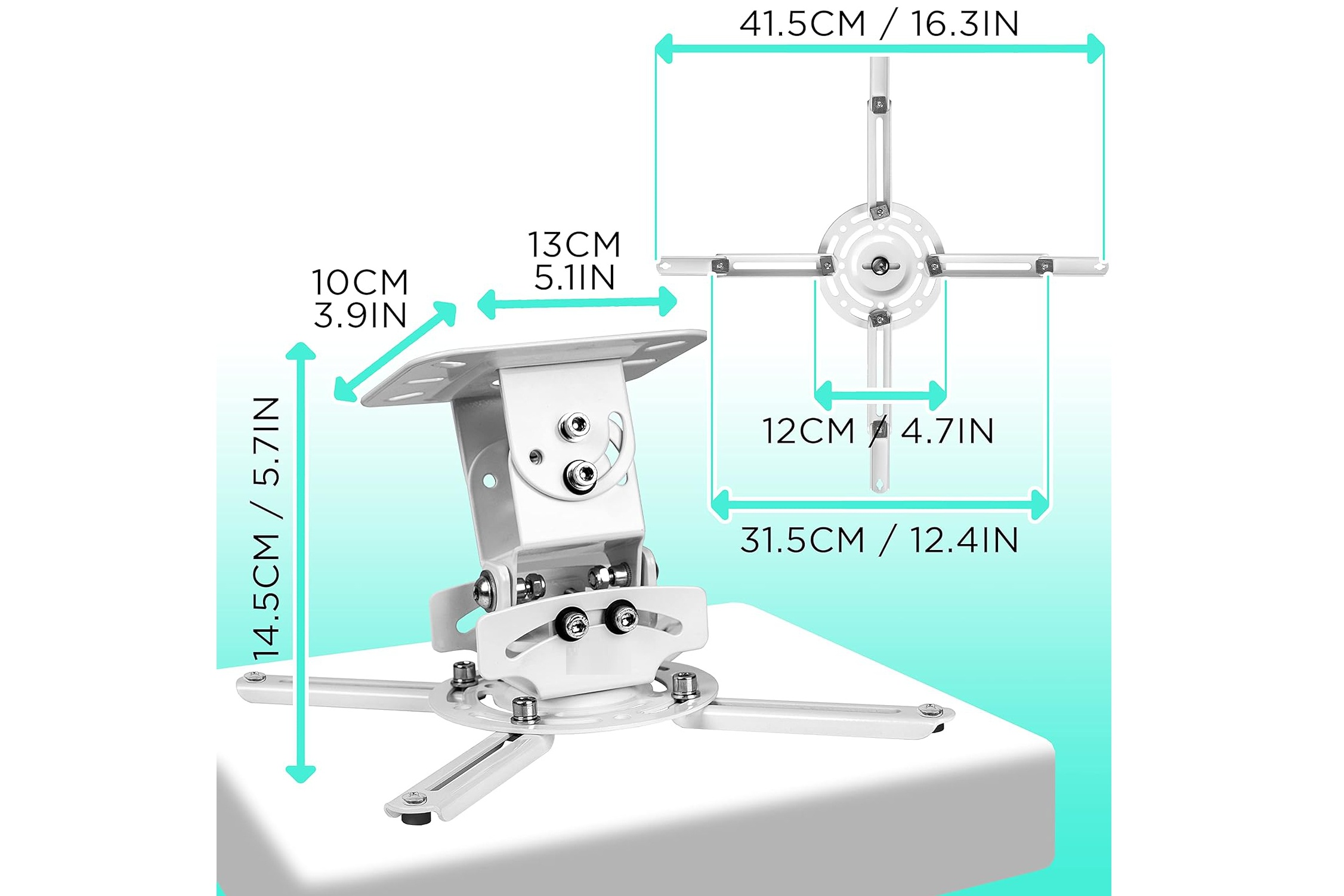 Soporte blanco para proyector con dimensiones: 14,5cm alto, 10cm ancho, 13cm prof.