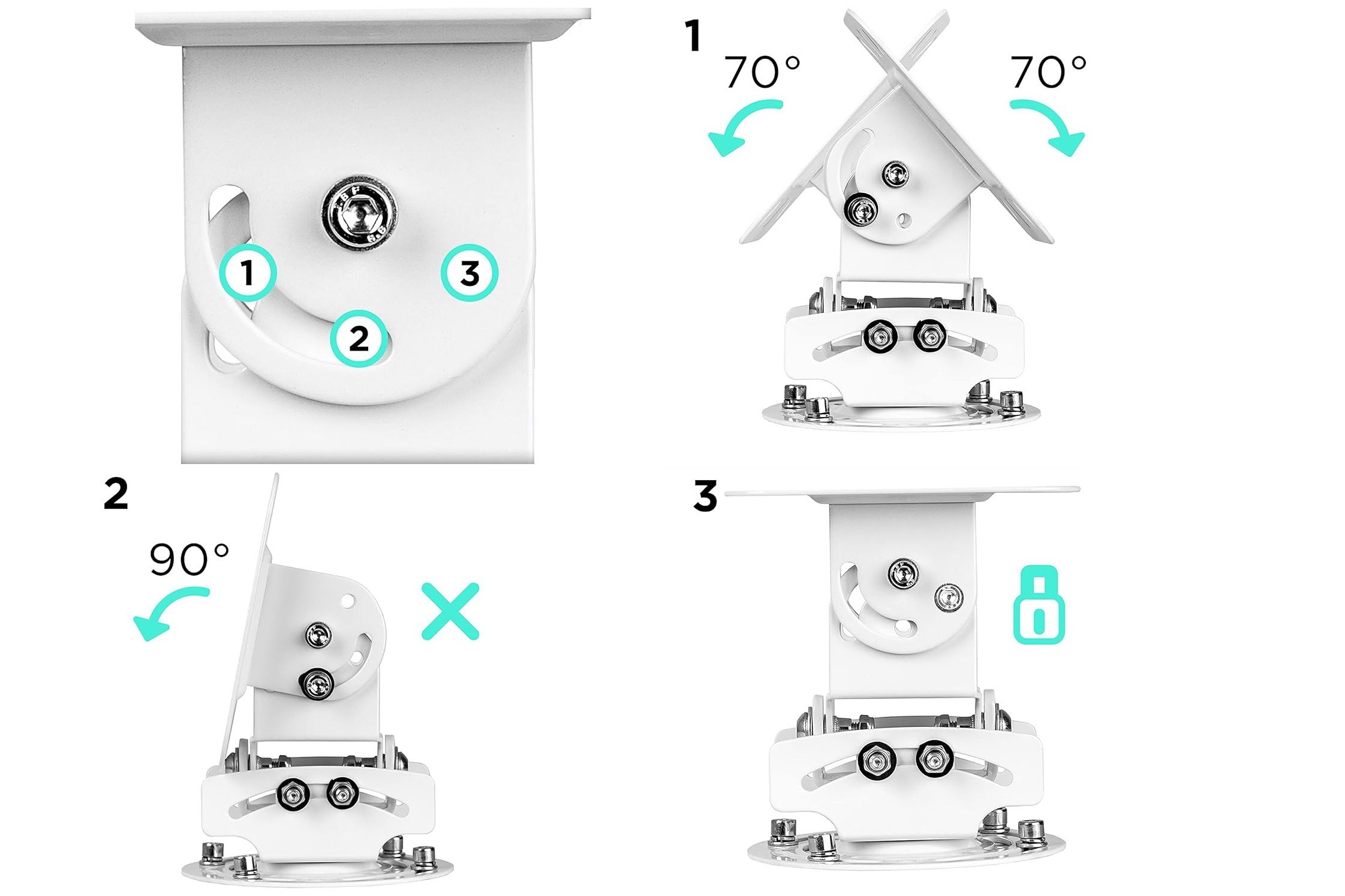 Soporte de techo blanco mostrando ajustes de ángulo de 70° y 90°.