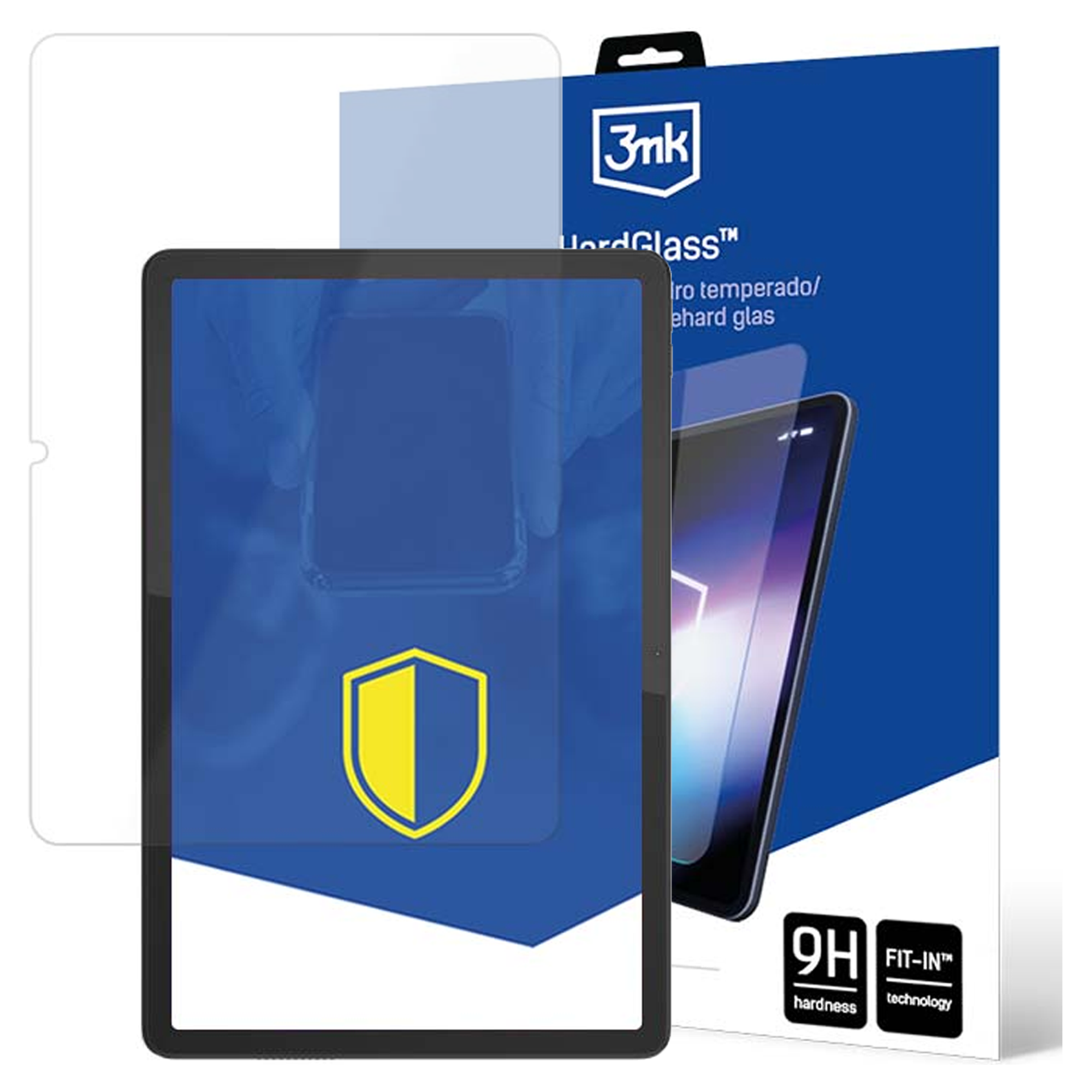 Confezione con pellicola protettiva per tablet. Durezza 9H.