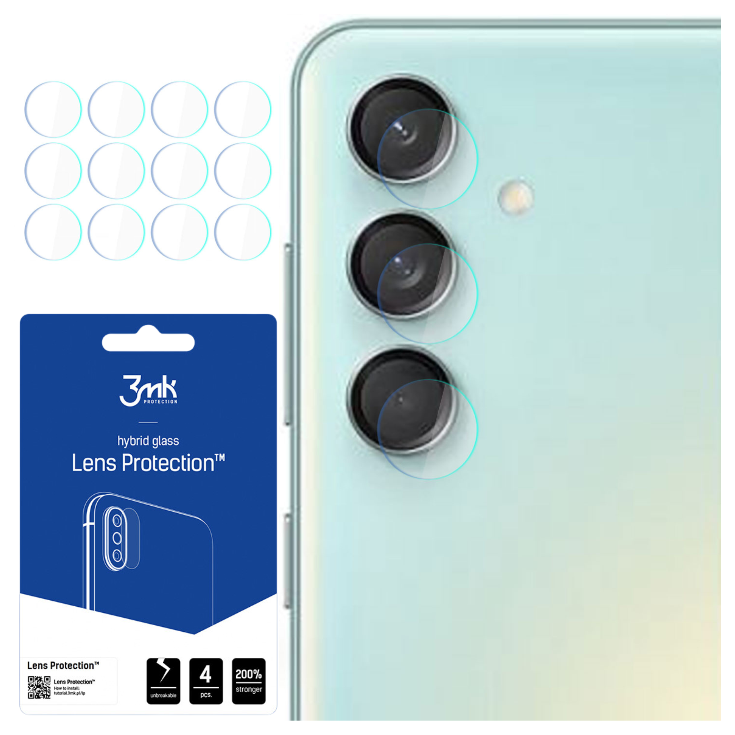 Retro smartphone con tre fotocamere e una confezione di protezioni.