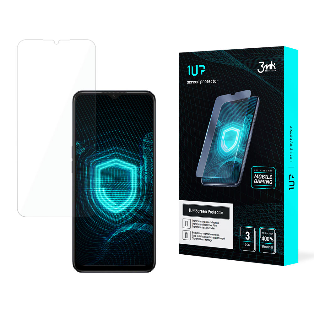 Smartphone con protezione schermo e confezione. Ottimizzato per il gioco mobile.