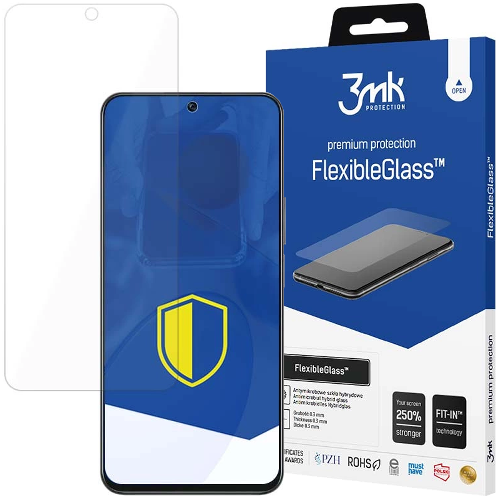 Una protezione per schermo per smartphone e la sua confezione etichettata 'FlexibleGlass'.