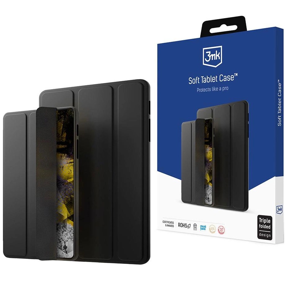 Czarne etui na tablet z opakowaniem, potrójnie składane.