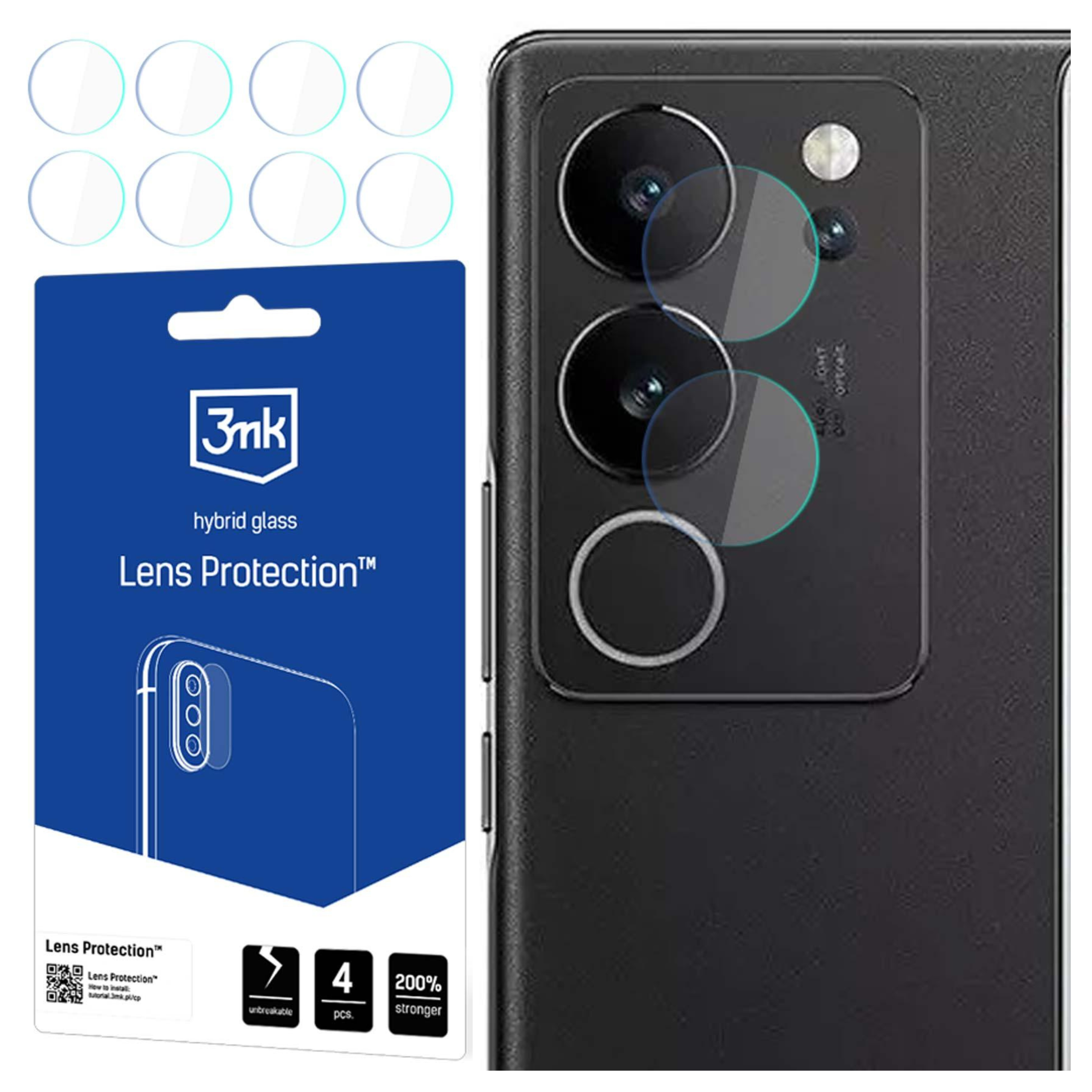 Confezione con 6 copriobiettivo e uno smartphone con pellicola protettiva applicata.