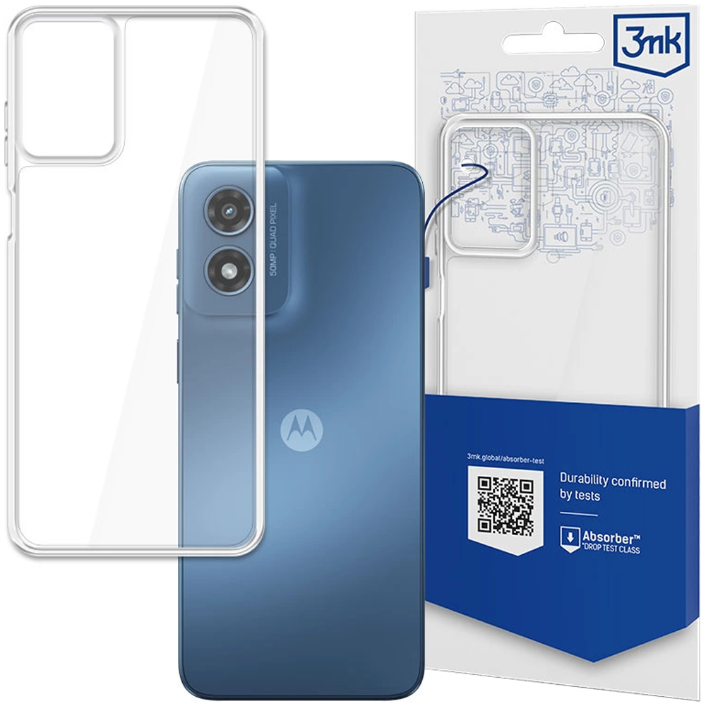 Niebieski telefon Motorola z przezroczystym etui ochronnym obok.