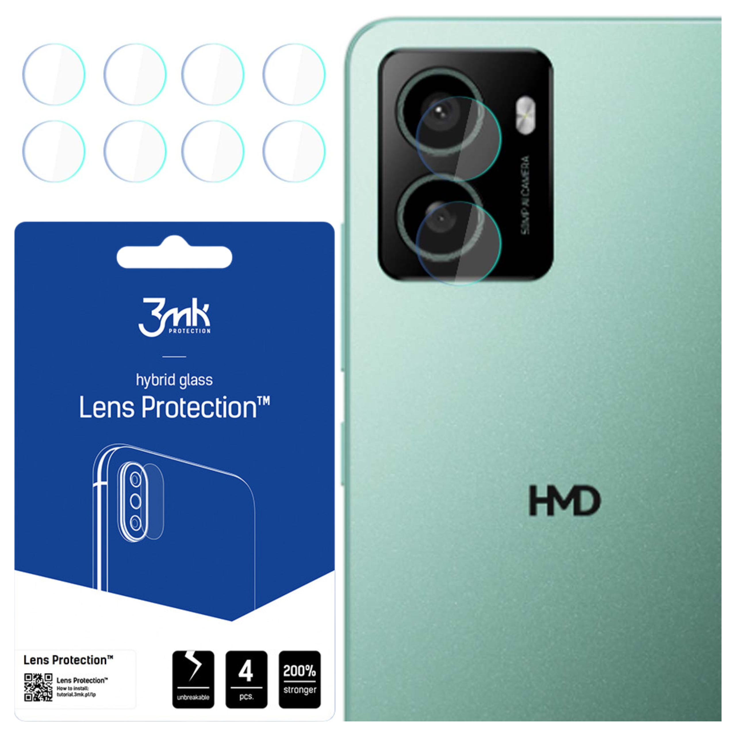 Sei protezioni circolari per obiettivo accanto a uno smartphone con tre fotocamere.