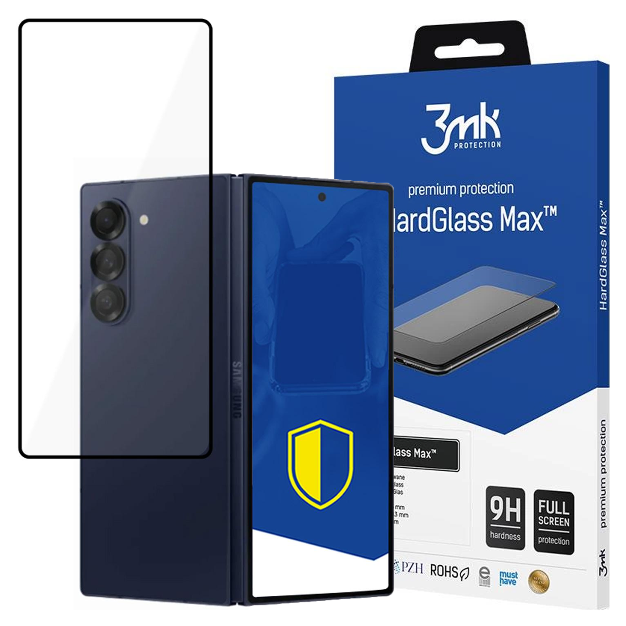 Ciemny smartfon, ochraniacz ekranu i niebieskie opakowanie.