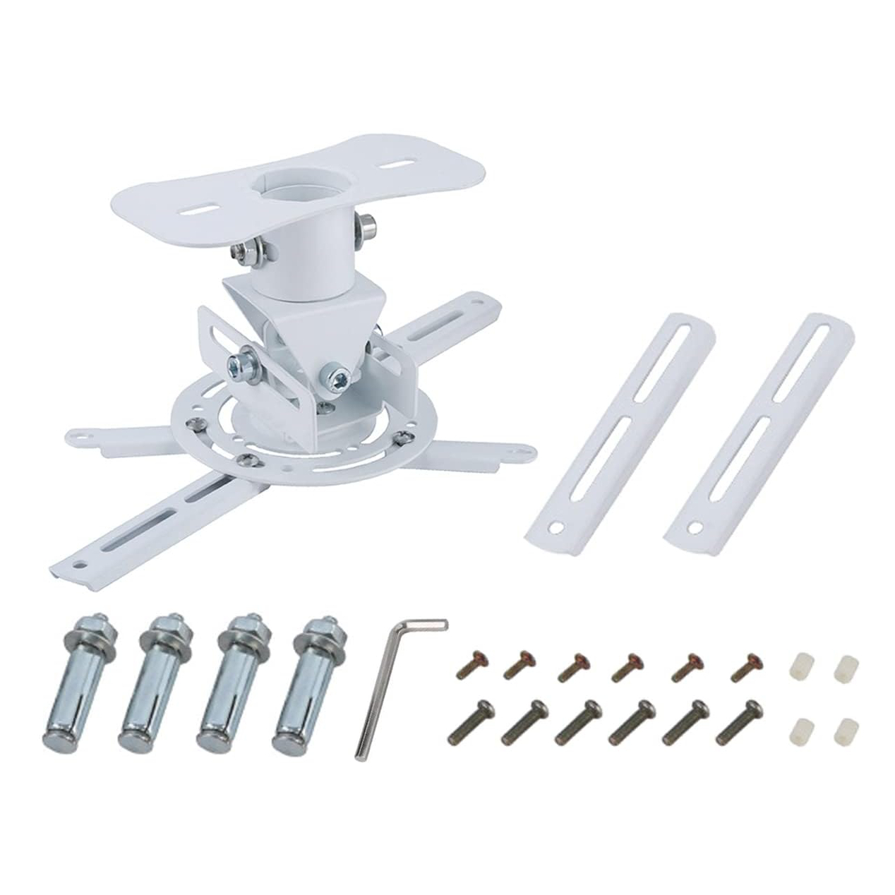 Un soporte de techo blanco para proyector con tornillos, anclajes y llave Allen.