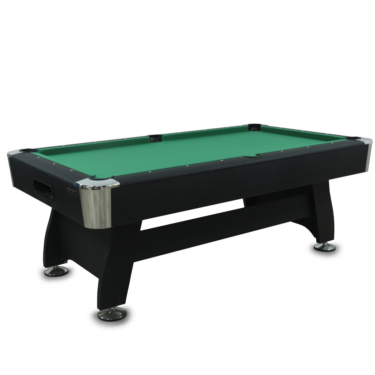 Een zwarte pooltafel met groen speelveld en zilveren accenten.