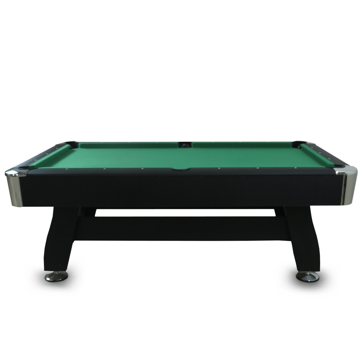Een zwarte biljarttafel met een groen speeloppervlak en zilveren hoekaccenten.