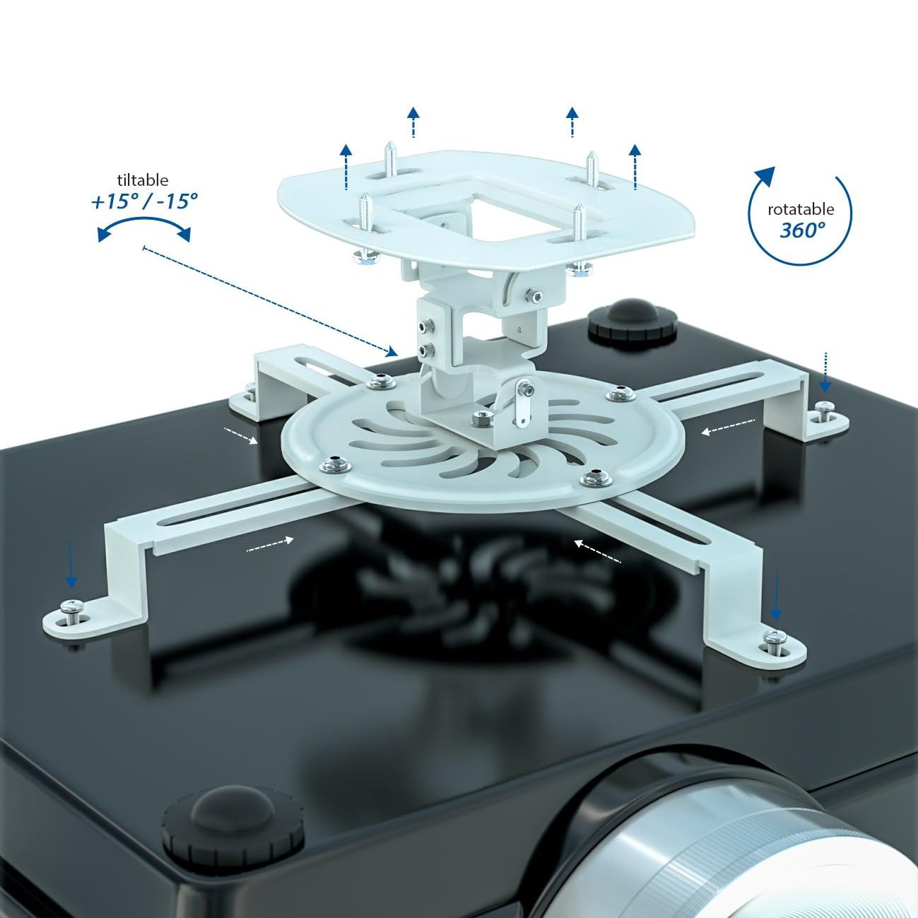 Un soporte blanco para proyector sobre uno negro. Inclinable +/-15 grados.