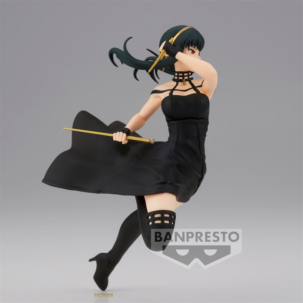 Eine Anime-Figur in schwarzem Kleid mit goldenen Waffen, die nach hinten blickt.