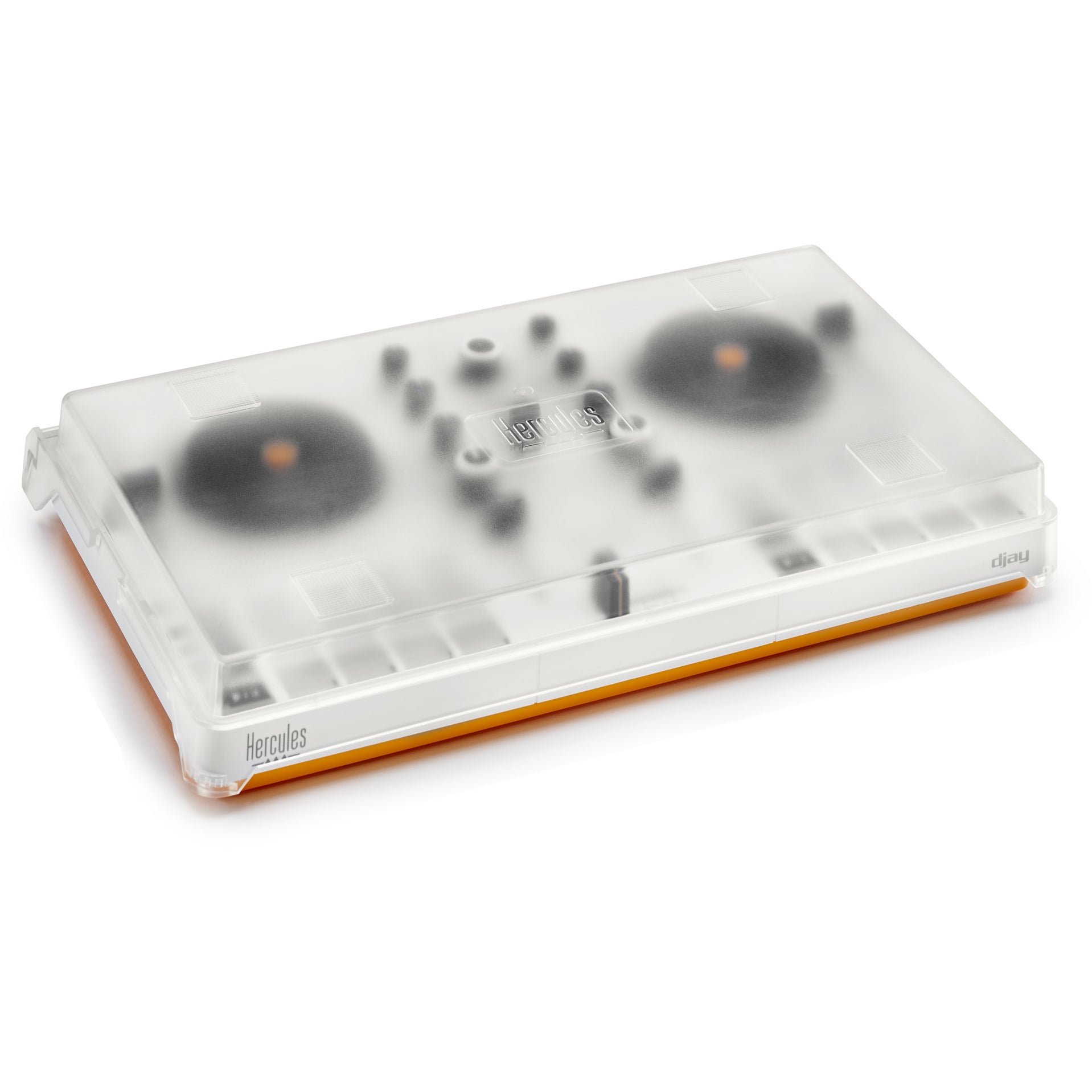 Een transparante hoes voor een DJ-controller met een gele rand.