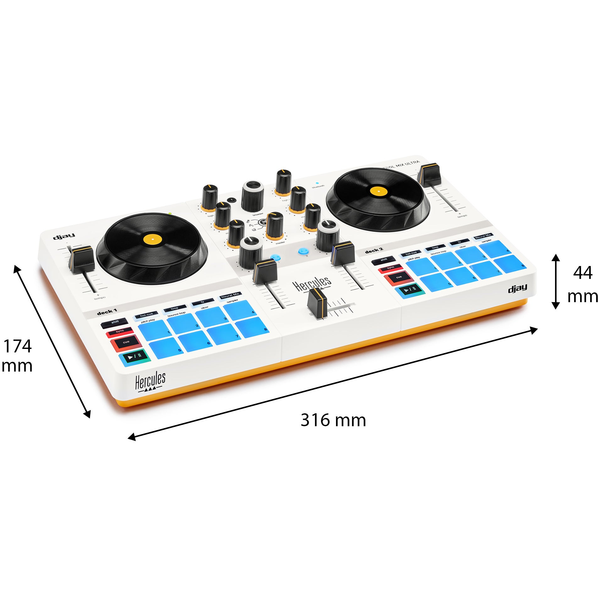 Een witte DJ-controller met twee decks, jogwheels, knoppen en verlichte pads.