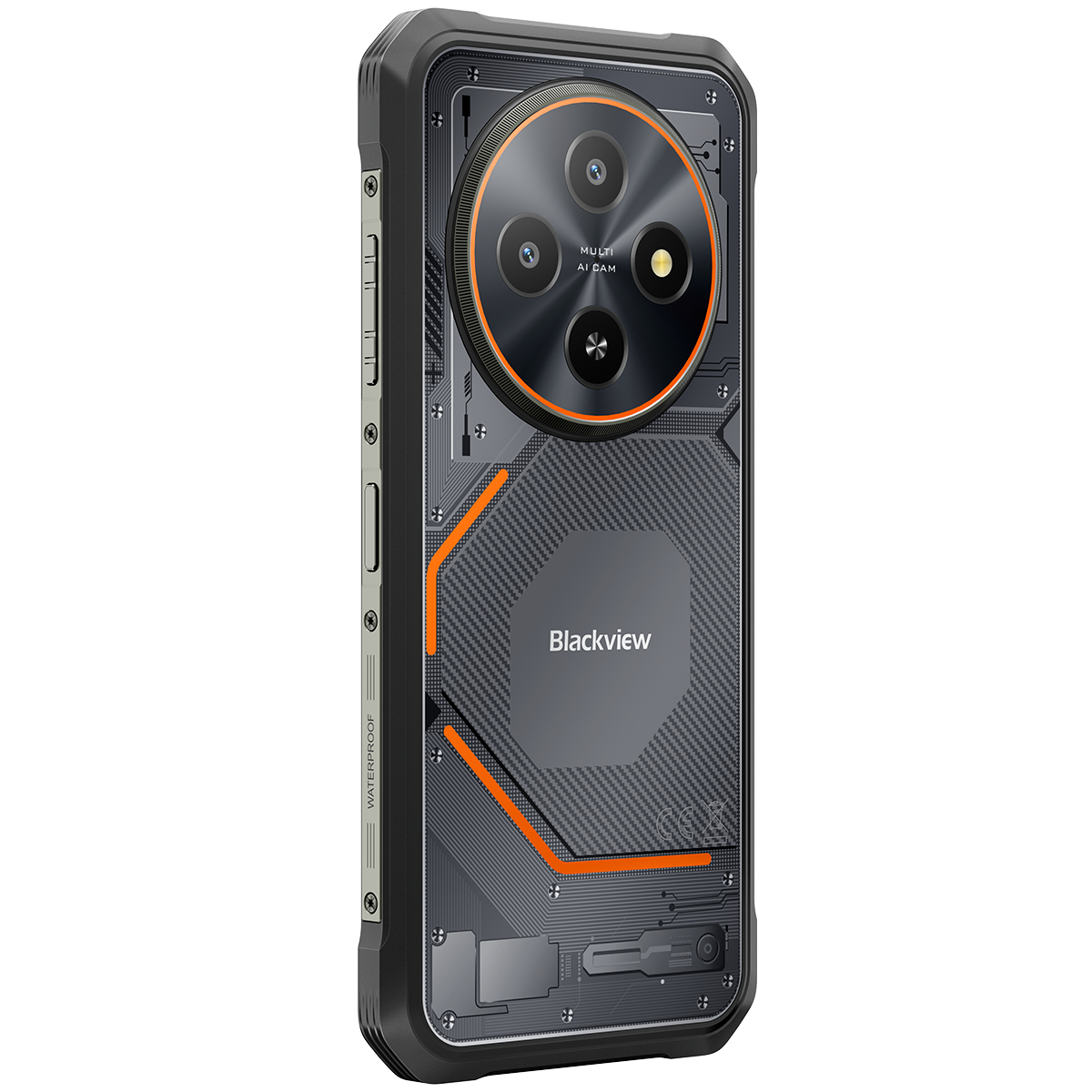 Rugged smartphone with transparent back, camera system, and orange accents.