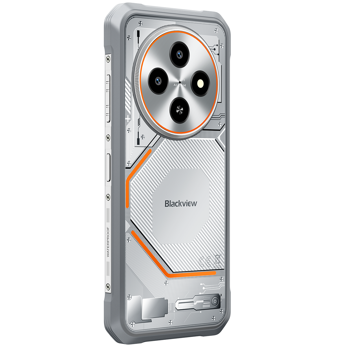 Uno smartphone robusto con quattro fotocamere, accenti arancioni e il logo Blackview.