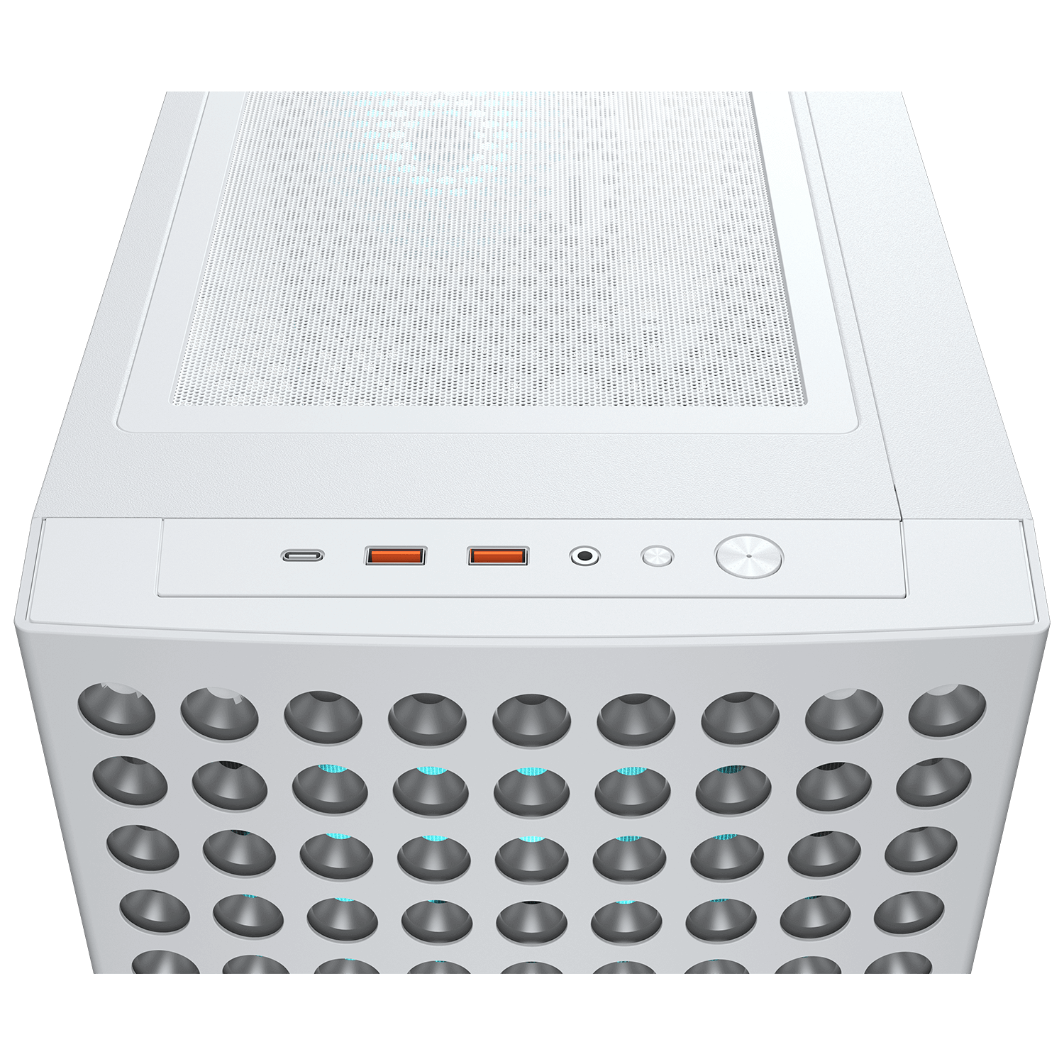 Biała obudowa komputera z wieloma okrągłymi otworami i niebieskimi światłami.