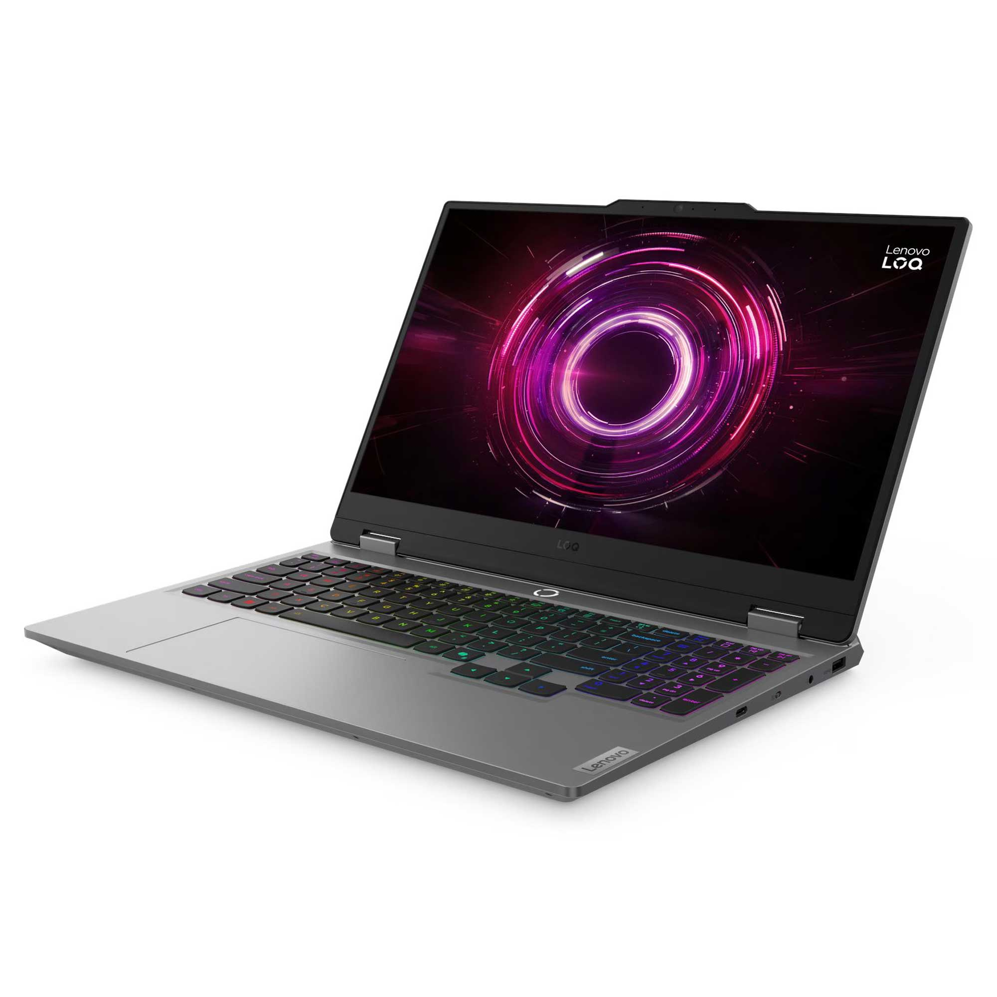 Renkli aydınlatmalı klavyeye sahip açık gri Lenovo oyuncu dizüstü bilgisayarı.