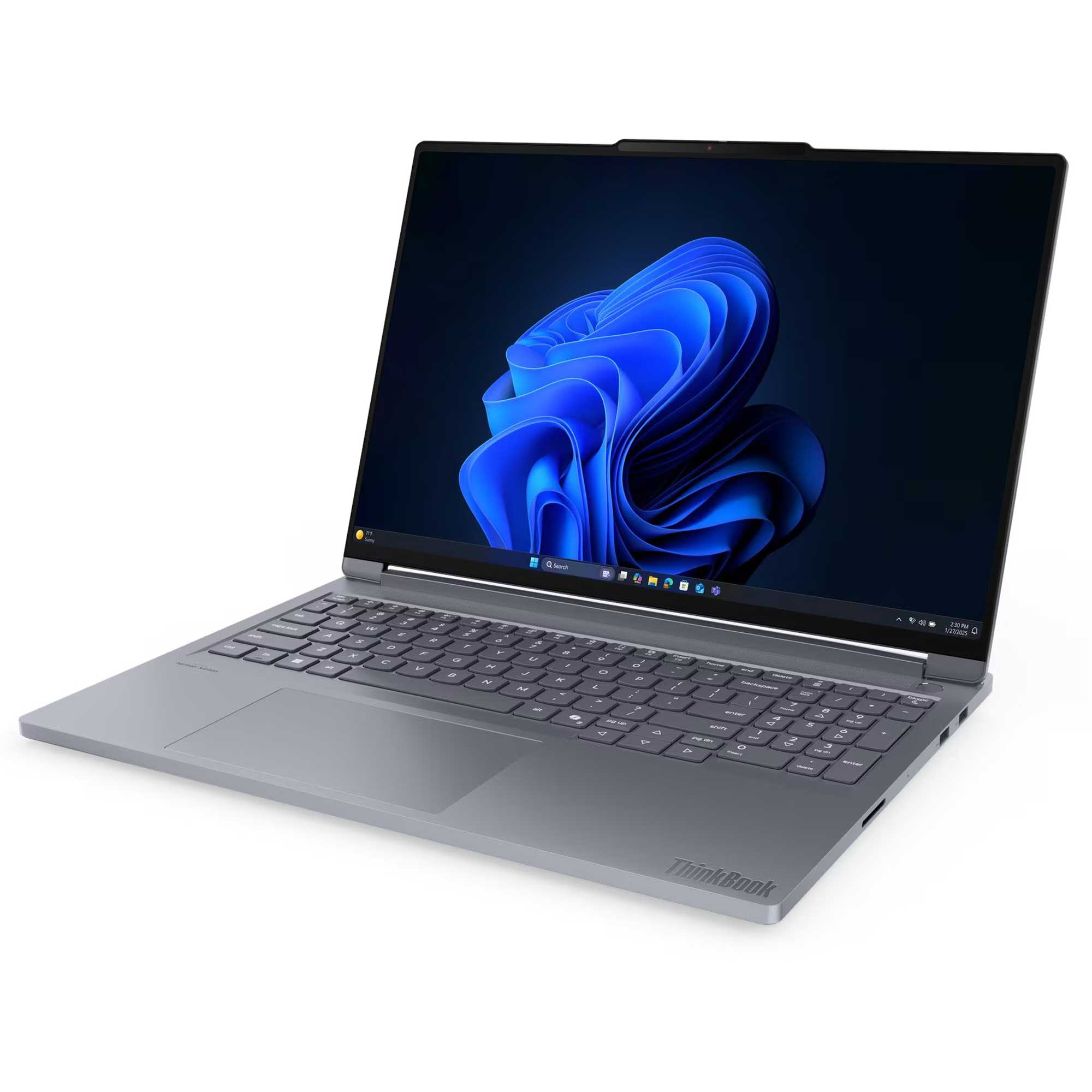 Mavi duvar kağıdı ve klavyeli gri ThinkBook dizüstü bilgisayar.